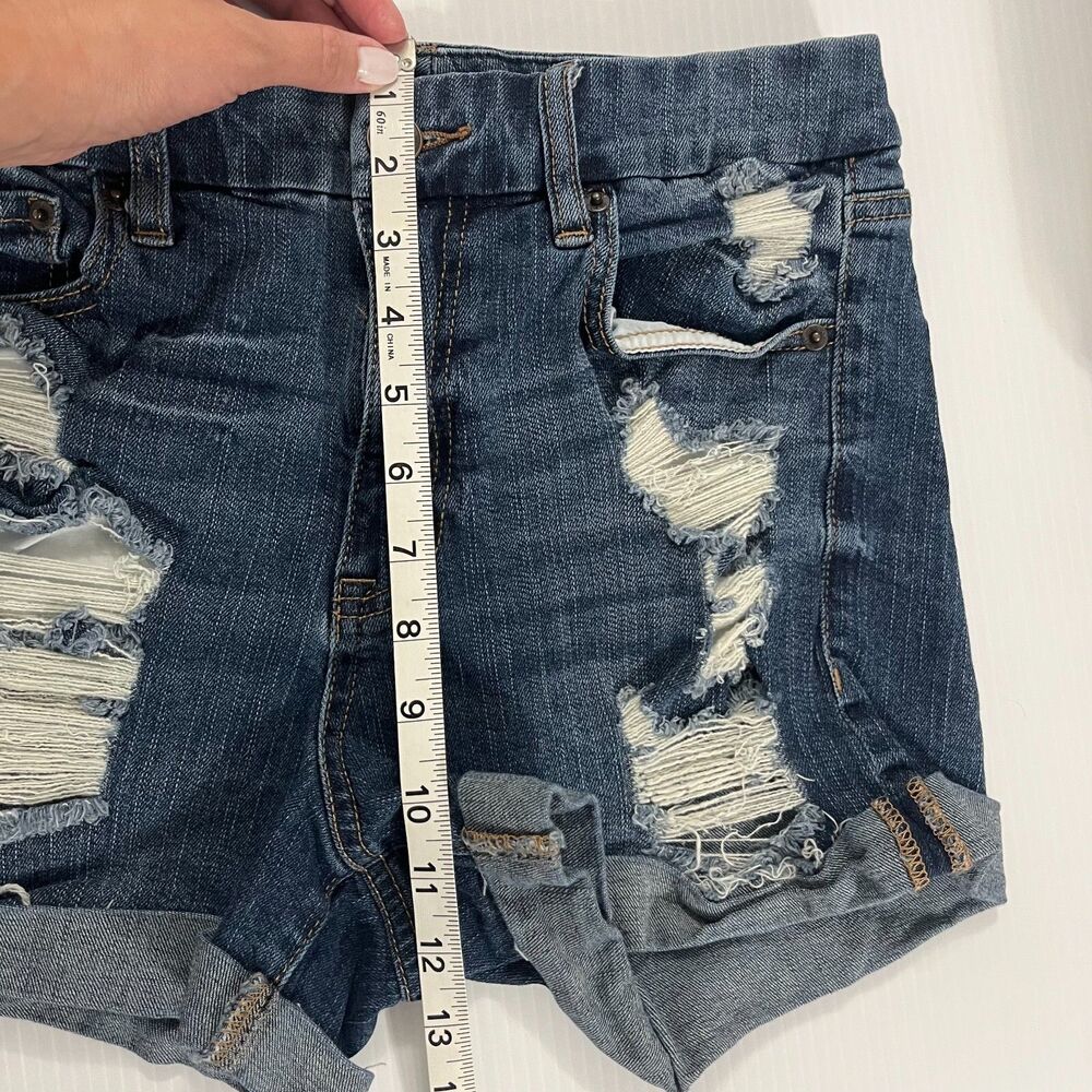 Aeropostale Womens High Rise Curvi Midi Shorts Denim Sz 8 Dark Wash Distressed - Picture 6 of 8